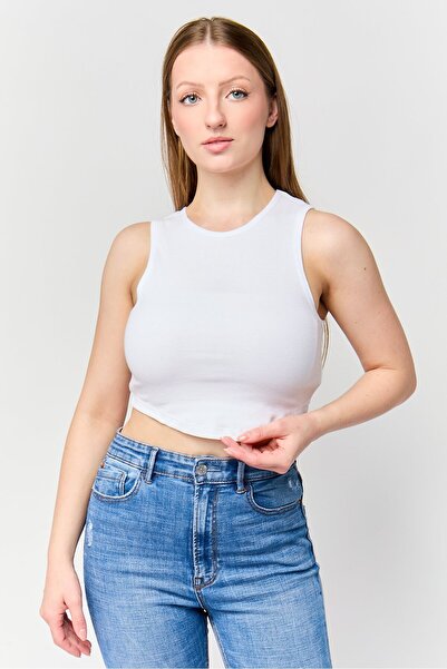 Don't Call Me Jennyfer Women Round Neck Sleeveless Ribbed Top, White