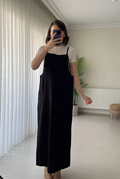 Kubos Moda Strappy Gabardine Black Salopet Long Dress