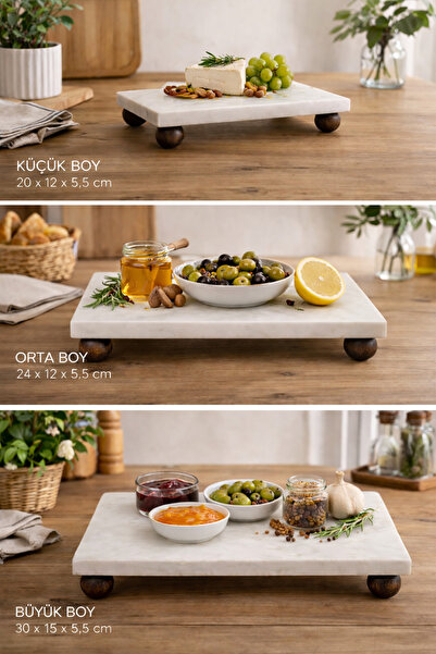 COCEM 3’lü Mermer Sunumluk Seti Ahşap Ayaklı Servis Tabağı Standı – 30x15 24x...