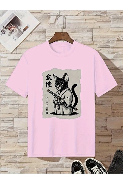 Let's Wear Tricou premium cu guler rotund, imprimat cu pisica samurai, 100% b...