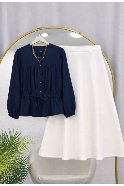 MODA VEDAT Γυναικείο πουκάμισο με λεπτομέρεια στη μέση - Σετ με φούστα Puff S...