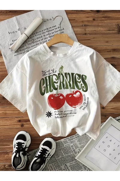 AEMİ Μπλουζάκι Unisex με στάμπα κεράσια, μεγάλου μεγέθους, με λαιμόκοψη ποδηλ...