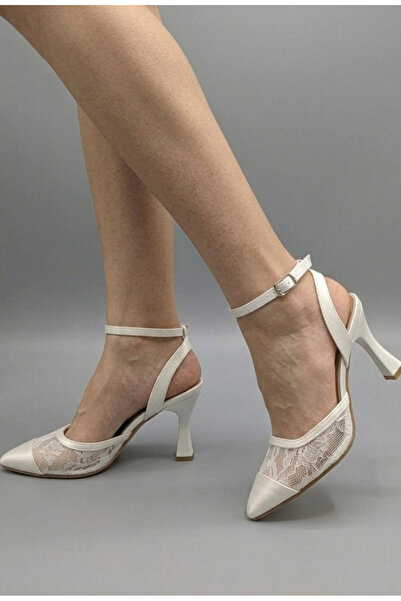ŞAH Δαντελένια τούλινα παπούτσια με λεπτομέρεια στον αστράγαλο 8 εκ. Νυφικά π...