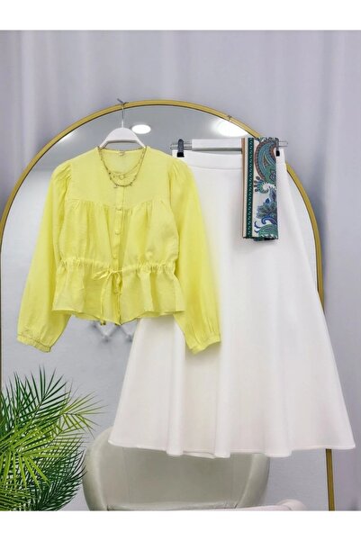 MODA VEDAT Γυναικείο πουκάμισο με λεπτομέρεια στη μέση - Σετ με φούστα Puff S...