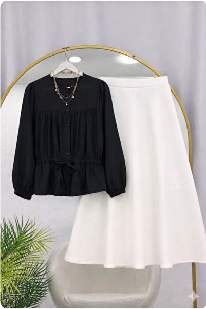 MODA VEDAT Γυναικείο πουκάμισο με λεπτομέρεια στη μέση - Σετ με φούστα Puff S...