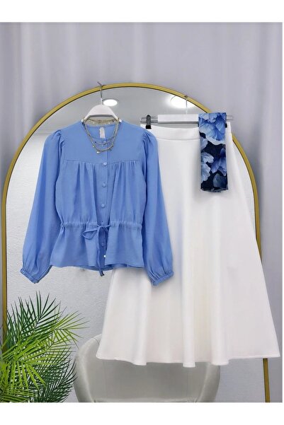 MODA VEDAT Γυναικείο πουκάμισο με λεπτομέρεια στη μέση - Σετ με φούστα Puff S...