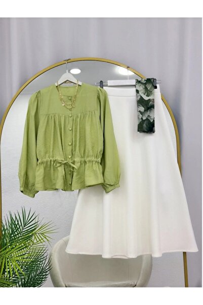 MODA VEDAT Γυναικείο πουκάμισο με λεπτομέρεια στη μέση - Σετ με φούστα Puff S...