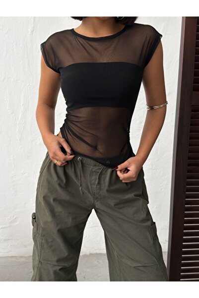 Jeevee Kadın Siyah Kayık Yaka Tül Bluz Bolero İç Detaylı