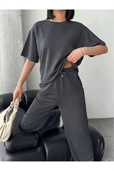 LOS FECHKA Γυναικείο σετ σε ανθρακί χρώμα με λεπτομέρεια από γυαλιστερή πέτρα...