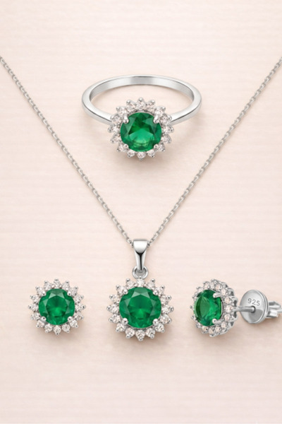 TASLİDUSLERJEWELRY 925 Ayar Gümüş Zümrüt Görünümlü Zirkon Taşlı Takı Seti