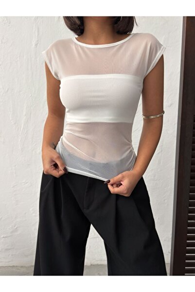 Jeevee Kadın Beyaz Tek Omuz Tül Bluz Bolero İç Detaylı
