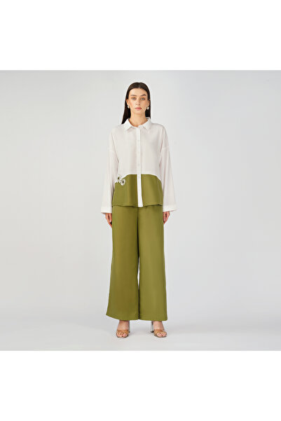 LINELLE White & Olive Green Colorblock Embellished Co-Ord Set