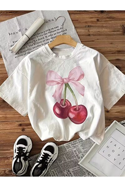 AEMİ Μπλουζάκι Unisex με στάμπα κεράσια, μεγάλου μεγέθους, με λαιμόκοψη ποδηλ...