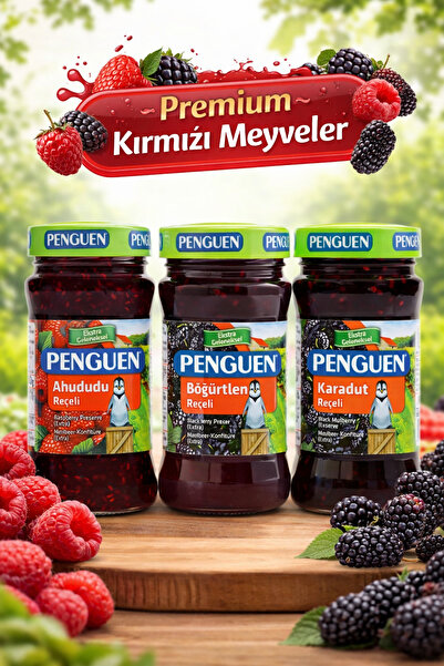 Penguen Kırmızı Meyveler Reçel Seti 380 gr x 3 Adet (Ahududu, Böğürtlen, Kara...