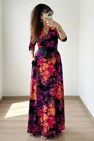 AZRA BUTİK Μωβ φλοράλ φόρεμα σε ολόσωμο μήκος