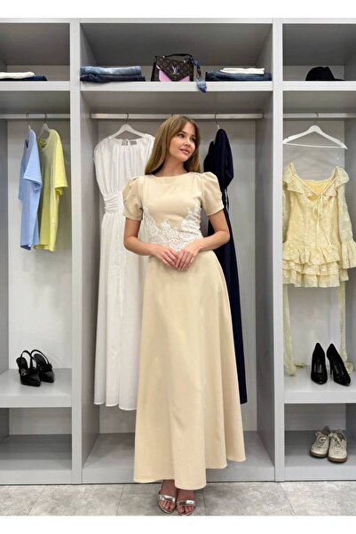Julidress Μπεζ Κρεμ Φόρεμα με Δαντέλα και Λεπτομέρειες, Premium Μίντι Μήκους