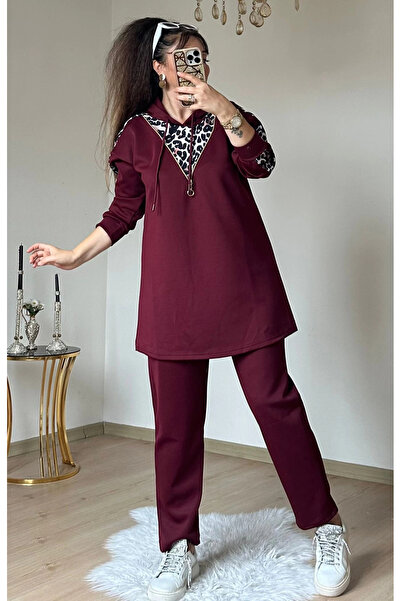 AZRA BUTİK Λεοπάρ σετ με λεπτομέρεια από φερμουάρ, μπορντό