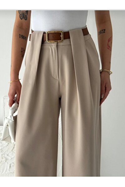 LAVRE Παντελόνι Palazzo με μαλακή υφή και λεπτομέρεια στην ζώνη μέσης - Υφασμ...