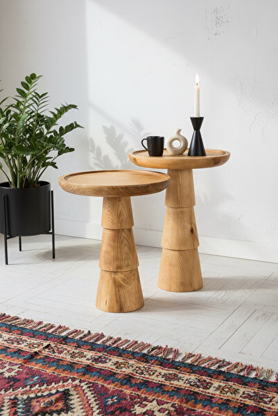 ASELYA HOME Doğal Ahşap 2’li Set Mantar Yan Sehpa Modern Fiskos Meşe Renk