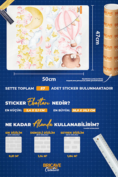 Bricave Suluboya Uyuyan Ayıcık ve Pembe Sıcak Hava Balonu Çocuk Odası Duvar Sticker