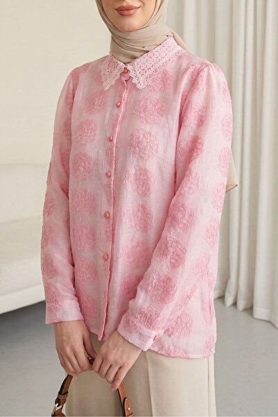 Modamorfo Buttoned Collar Lace Patterned Jacquard Shirt -Pink