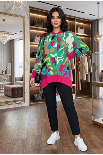 Polologin Butik Πράσινο φούξια ριμπ πουκάμισο τουνίκ