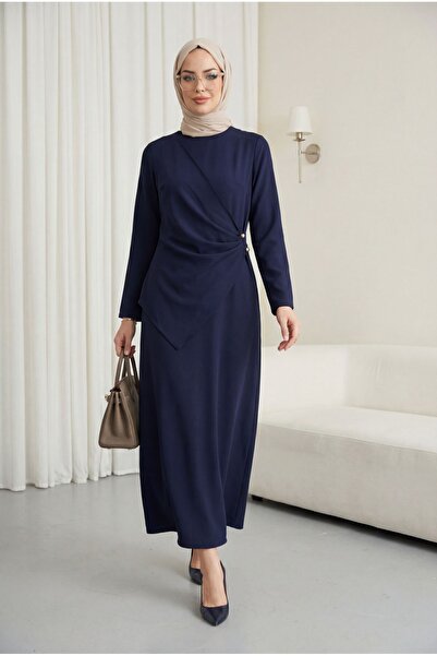 Modamorfo Crossed Allerli Buckle Round Neck Imported Crepe Dress -Laci