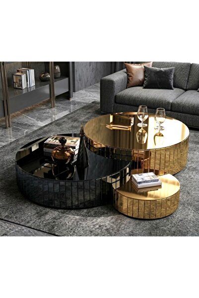 LUXURY VİLLA LUXURY GOLD AYNALI SİYAH CAMLI ORTA SEHPA SETİ ÇAP BÜYÜK 85x85 K...