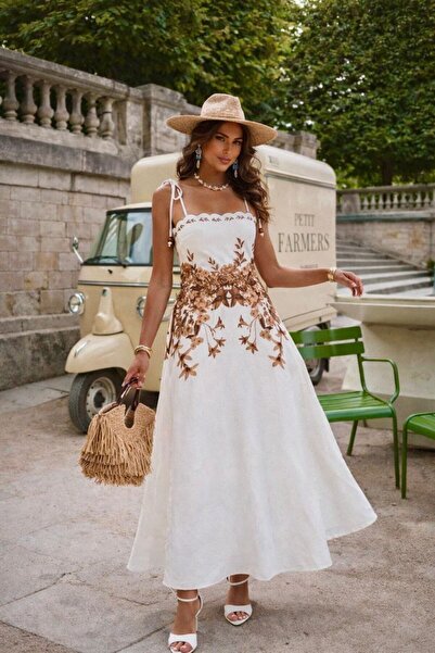 S&A Collectionn Γυναικείο λινό φόρεμα μάξι με λουλουδάτο σχέδιο, χάντρες και ...