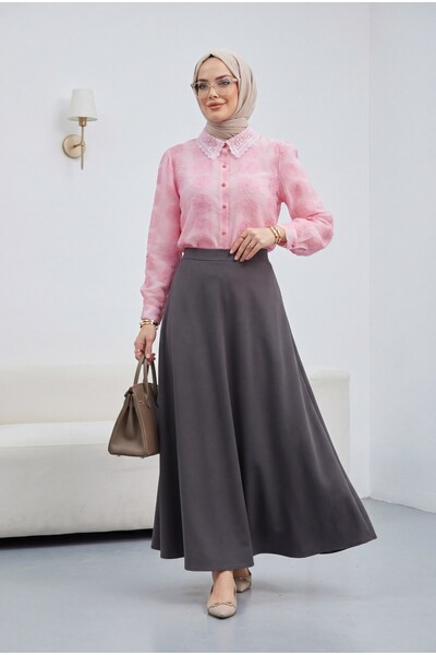 Modamorfo Buttoned Collar Lace Patterned Jacquard Shirt -Pink