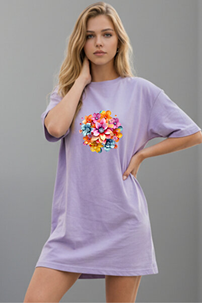 Pink Sky Elbisee Γυναικείο Κόκκινο Φόρεμα T-Shirt Oversize – Με Πολύχρωμο Σχέ...