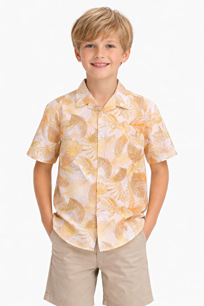 İrem Çocuk Giyim Boy's Leaf Patterned Button Closure Yellow Color Short Sleev...