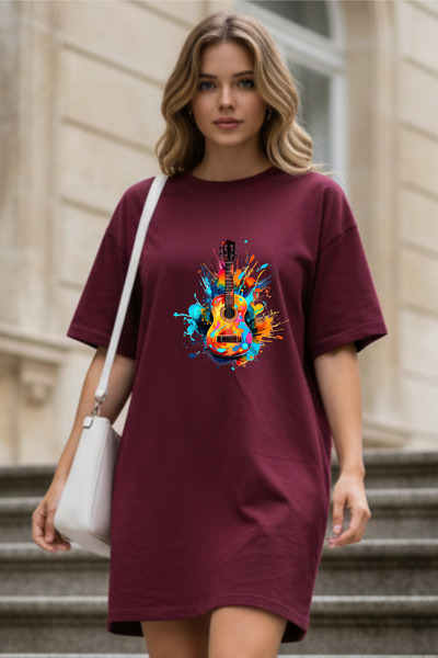 Frisson Elbisee Γυναικείο Κόκκινο Φόρεμα T-Shirt Oversize – Με Πολύχρωμη Στάμ...