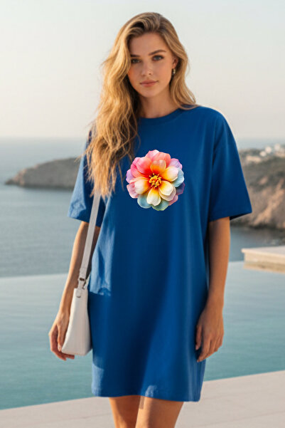 Pink Sky Elbisee Women's Red Oversize T-Shirt Dress – Colorful Minimal Floral...