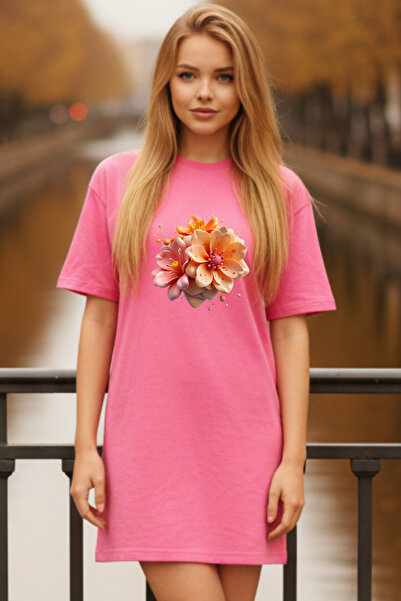 Pink Sky Elbisee Γυναικείο Κόκκινο Φόρεμα T-Shirt Oversize – Πορτοκαλί με στά...