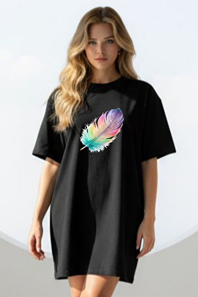 valeriae Elbisee Κόκκινο Oversize Γυναικείο Φόρεμα T-shirt – Με Πολύχρωμο Σχέ...