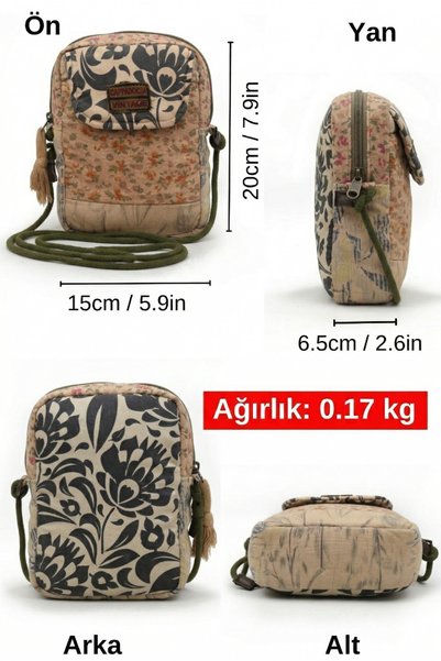 Cappadocia Vintage Women's Light Brown Floral Patterned Shoulder Bag - Bohemian Style Mini Hand and Phone Bag