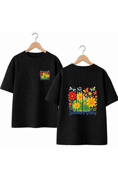 playwear تي شيرت صيفي من Viber مطبوع عليه زهور على الظهر والصدر، مصنوع من الق...