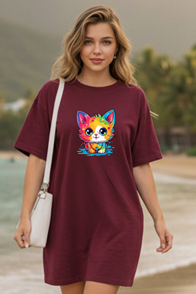 bellanova Elbisee Γυναικείο Κόκκινο Φόρεμα T-Shirt Oversize – Με Πολύχρωμη Στ...