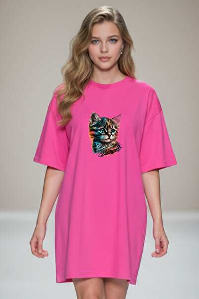 Pink Sky Elbisee Γυναικείο Μαύρο Φόρεμα T-Shirt Oversize με Πολύχρωμο Τύπωμα ...