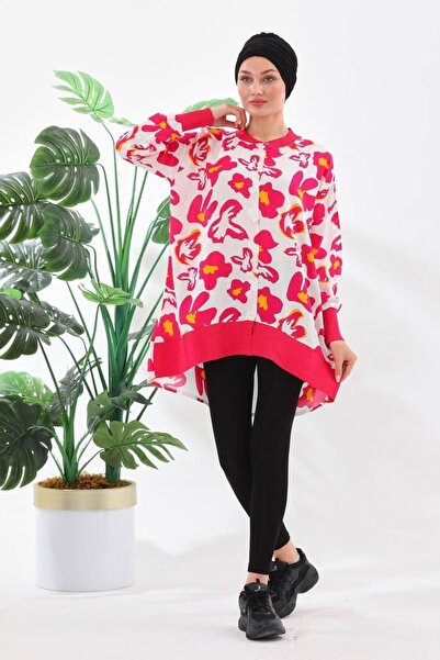 Polologin Butik Φούξια λευκό πουκάμισο τουνίκ με λουλουδάτο σχέδιο και ριμπάνα