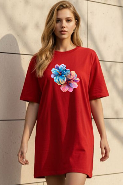 Frisson Elbisee Women's Red Oversize T-Shirt Dress – Colorful Double Floral P...