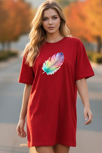 Frisson Elbisee Red Oversize Women's T-Shirt Dress – Colorful Feather Pattern