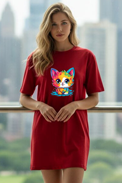 Frisson Elbisee Women's Red Oversize T-Shirt Dress – Colorful Cat Print