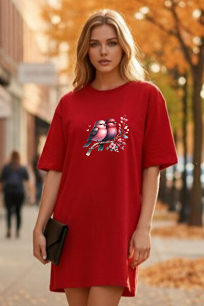 Frisson Elbisee Women's Green Oversize T-Shirt Dress - Cute Birds and Floral ...