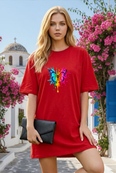 Pink Sky Elbisee Women's Black Oversize T-Shirt Dress – Colorful Butterfly Print