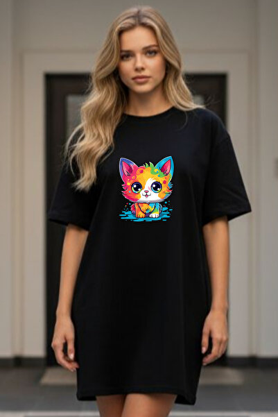 bellanova Elbisee Γυναικείο Κόκκινο Φόρεμα T-Shirt Oversize – Με Πολύχρωμη Στ...