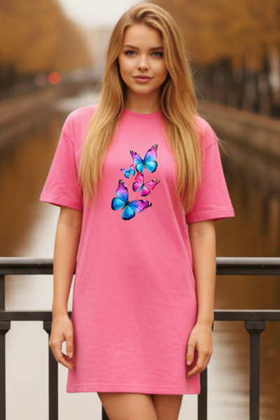 Pink Sky Elbisee Γυναικείο Κόκκινο Φόρεμα T-Shirt Oversize – Με στάμπα πολύχρ...