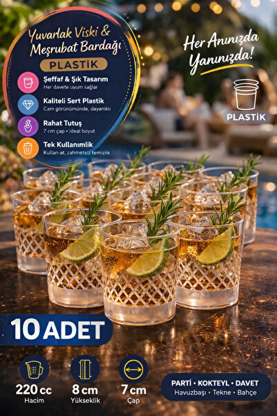 Open Home Concept 10’lu Yuvarlak Desenli Plastik Viski Bardağı I Sert Şeffaf ...