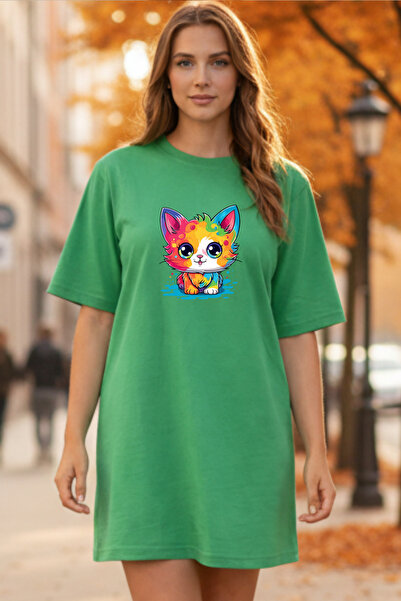 bellanova Elbisee Γυναικείο Κόκκινο Φόρεμα T-Shirt Oversize – Με Πολύχρωμη Στ...